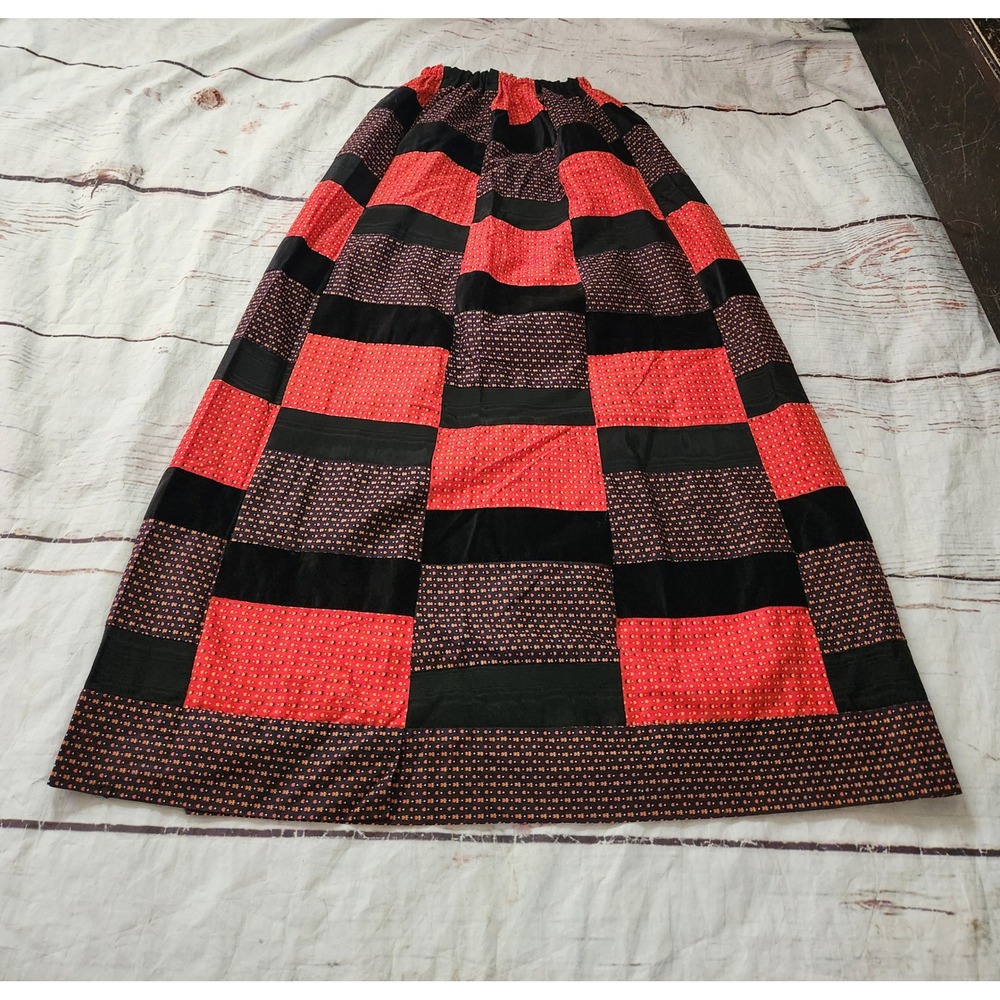 Vintage Mr Hank Patchwork Maxi Skirt Red Black Velvet Cotton Blend Size XS